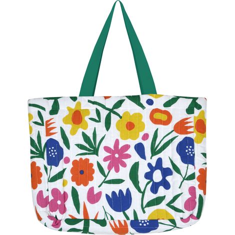 Sac cabas polycoton matelassé motif fleurs Vert 44x35x10 cm