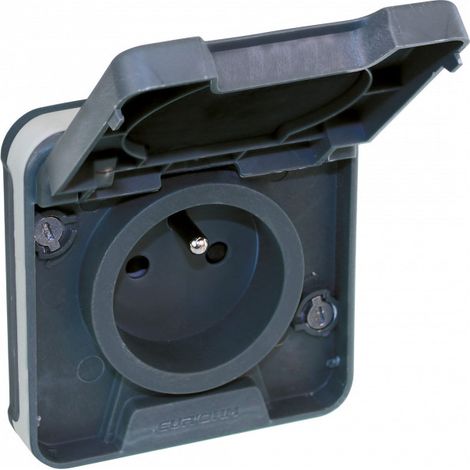 Eur Ohm – Prise de courant 2P+T IP55 – Encastrable pour extérieur – 16A – 250V – Fixation 1/4 de tour – Capot de protection inclus