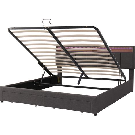 Cama tapizada 160x200 cm gris oscuro con LED, arcón hidráulico, cajones y somier HOMVRA (1/5)