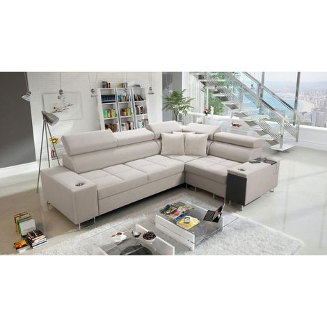 Elegantes Ecksofa mit Konsole und Ladegerät MORENA II Uttario Velvet Beige Rechts (1/5)