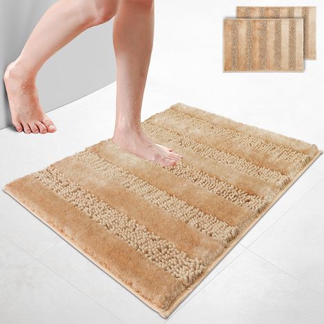 VOUNOT® 2er-Set Chenille Badematte Rutschfeste, Mikrofaser Badezimmerteppich 60x90cm Beige