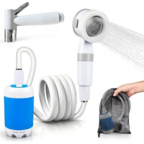 Doccia portatile da campeggio con pompa dell'acqua ricaricabile. Include pompa, soffione, tubo flessibile da 2 metri e ugello ad alta pressione per una doccia mobile in giardino. (1/5)