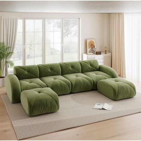 Divano modulare a U 4 posti con 2 pouf, ciniglia verde, senza montaggio, REDOM (1/5)
