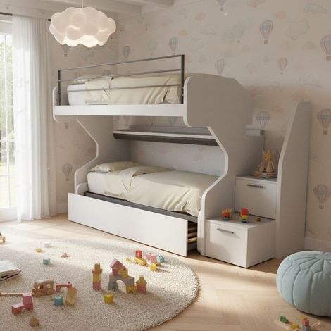 Letto a castello scorrevole con letto estraibile - La soluzione 3 in 1 per la cameretta - Bianco