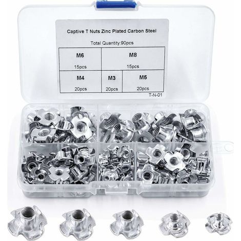 90 écrous en T à 4 mors, en acier au carbone, M3/M4/M5/M6/M8, pour mobilier