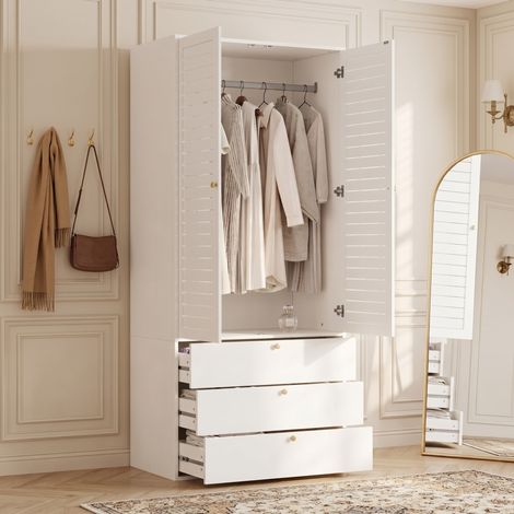 Kleiderschrank 90x50x200 cm mit Lamellentüren, 3 Schubladen, Kleiderstange, Spanplatte, Weiß (1/5)