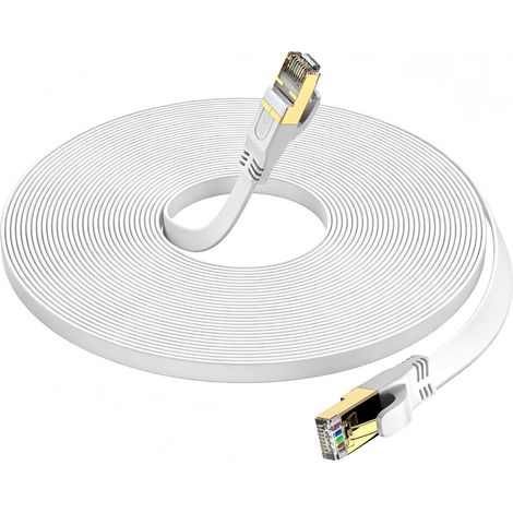Câble Ethernet Cat 8 10m Plat, Cable RJ45 Plaqué Or, Haute Vitesse 40 Gbit/s, 2000 MHz, Pour Routeur/PC/Jeux/Modem, Plus Rapide que Cat7/Cat6/Cat5(Blanc) (1/5)