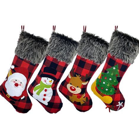 Lot de 4 chaussettes de Noël, 45 cm, toile de jute à carreaux, revers fausse fourrure, motif Père Noël, bonhomme de neige, renne, décoration cheminée (1/5)