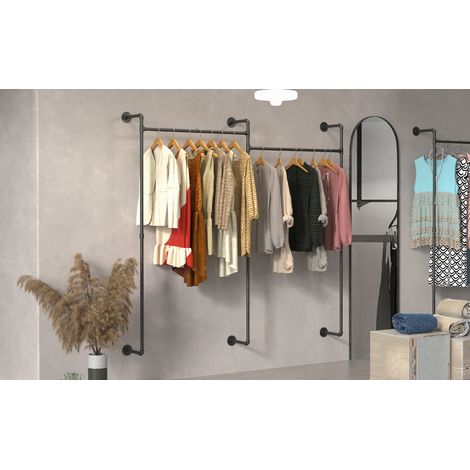 Unho – Portant à vêtements mural en métal noir – Design industriel – Double tringle pour 30 kg – Taille 205x190cm – Installation facile sur tous murs