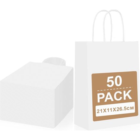50 Stück mittelgroße Geschenkpapiertüten, weiße Kraftpapiertüten mit Griff, recycelbare Geschenktüten, Kraft-Geschenkverpackungstüten, Krafttüten für Weihnachten, Hochzeit, Geburtstagsfeier (21 x 11 x (1/5)