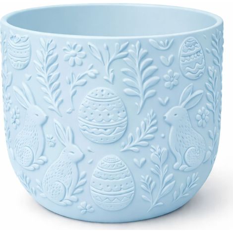 Vaso di fiori pasquale blu con coniglietti e copertura decorativa primaverile