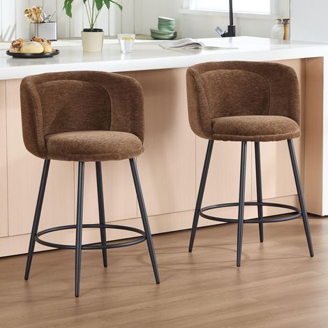Wahson Juego de 2 Taburetes de Bar Tapizados en Chenilla, Asiento Acolchado y Patas de Metal para Isla de Cocina, Marrón (1/5)