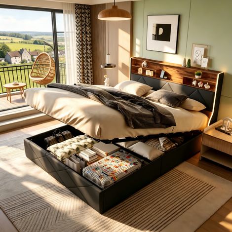 Lit 140x200 coffre, lit adulte en hydraulique avec LED et USB/Type C, Cadre de Lits Capitonnée 2 Personnes, tête de lit rangement en PU, Noir, sans matelas, MDF, avec barre de maintien pour matelas (1/5)