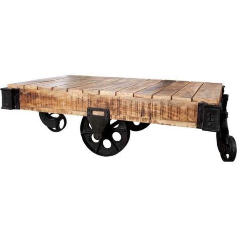 Industrieller Couchtisch RAIL auf Rollen 110 cm – Massives Mangoholz und Metall