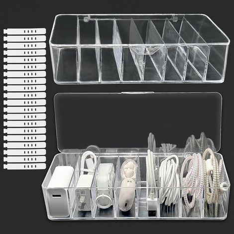 Lot de 2 boîtes de Rangement de câbles Transparentes avec 8 Compartiments et 20 Attaches de câble, Boîte de Rangement Chargeur et Cable, Boîte de Gest (1/5)