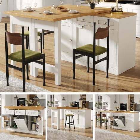 Table de Bar Extensible, îlot de Cuisine et Table à Manger Extensible,Barre rétractable avec pivotement à 360° et Rangement, Longueur réglable 120-200 cm, Blanc