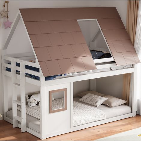 Cama litera casita rústica de madera blanco y marrón 140x200 cm con techo, ventana, escalera y somier de láminas