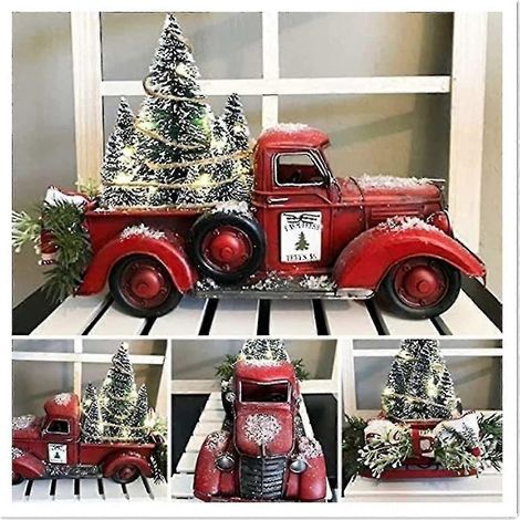 Centro de mesa navideño con camioneta roja de granja, decoración navideña con camioneta roja estilo granja, camioneta roja vintage con árboles de Navidad para el hogar, centro de mesa de cocina. (1/2)