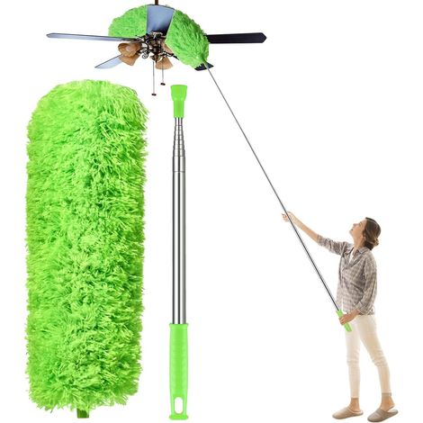 Plumeau en microfibre pour nettoyage de ventilateur de plafond haut, manche télescopique de 76,2 à 254 cm, long plumeau extensible pour meubles, maisons, voitures, toiles d’araignée, Vert (1/5)