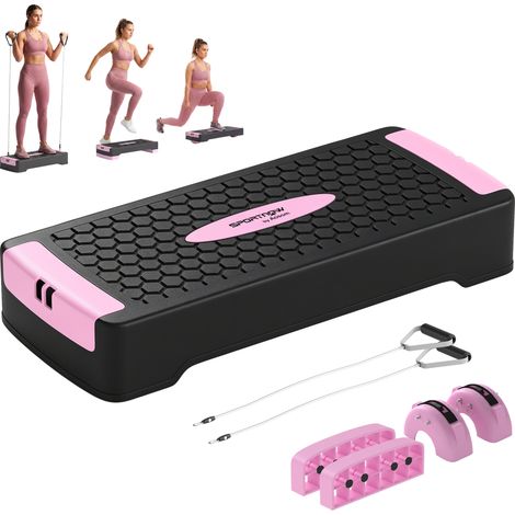 Planche de step réglable en hauteur, appareil de fitness aérobique à 2 niveaux (11/16 cm), 2 bandes de résistance, tapis antidérapant, rose (1/5)