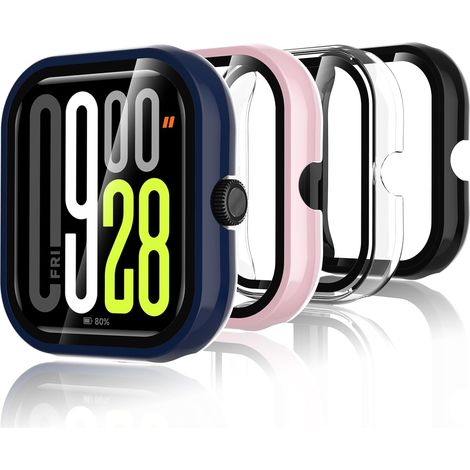 4Pcs Coque Compatible avec Xiaomi Redmi Watch 5, Coque Rigide en PC avec Protecteur d'écran, Coque HD avec Verre Trempé - Transparent, Noir, Bleu,Rose (1/5)