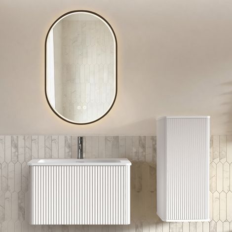 Badezimmermöbel-Set mit Waschbecken, Seitenschrank und LED-Spiegel, 80 cm, Weiß (1/5)