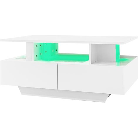 Mesa de centro blanca brillante 90 x 55 x 41 cm con 2 cajones y LED (1/5)