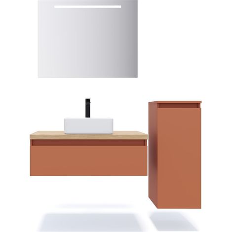 Meuble de salle de bain suspendu vasque à poser 90cm 1 tiroir Terracotta + miroir + colonne ouverture droite - Hudson (1/5)