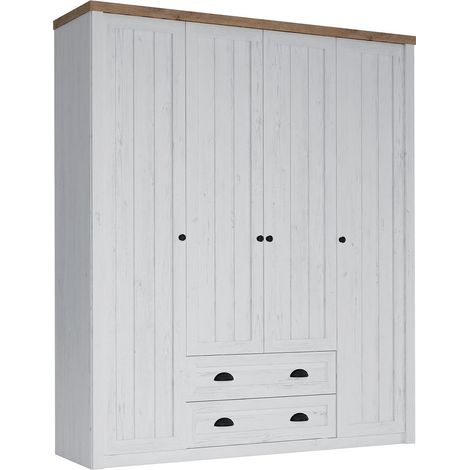 Schrank Léandre mit 2 Schubladen und 4 Türen, Weiß und Holzoptik, 198.1cm