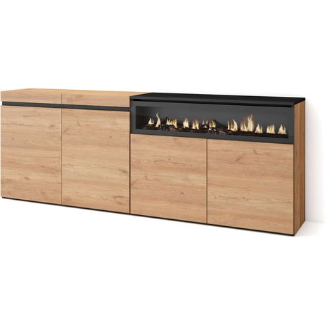 Aparador Adamuz de 200x75x35 cm con 4 puertas, chimenea y luces LED, color roble y negro (1/4)