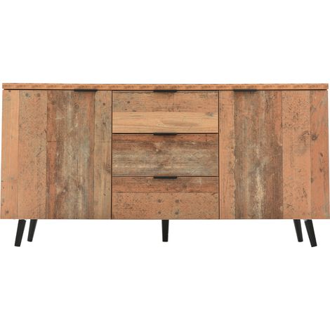 Meuble TV vintage marron 140 cm, buffet en panneau de particules avec 3 tiroirs, 2 placards et étagères réglables (1/5)