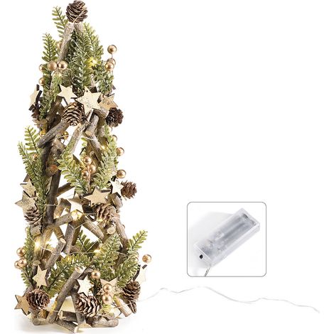 Alberi decorativi natalizi con struttura in rami intrecciati, decorati con pigne, foglie, stelle dorate e sfere oro e luci LED, Ø 17 cm x 40 H