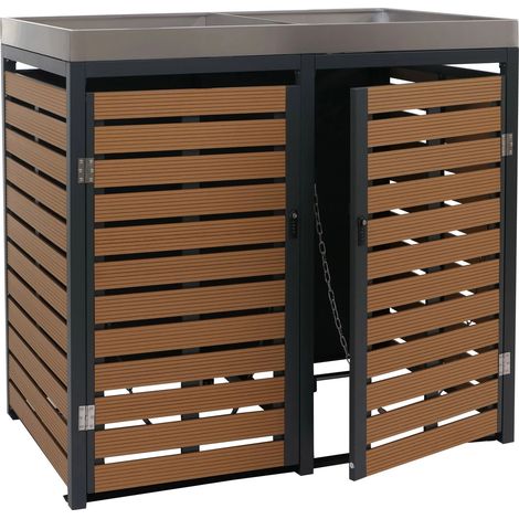 Contenitore doppio per bidoni con fioriera integrata 124x134x84 cm WPC e acciaio inox con finitura teak 040008998