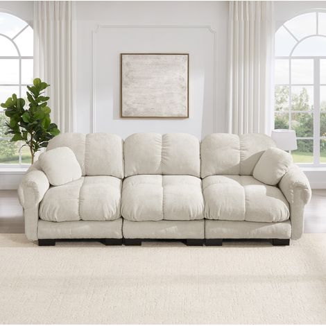 Divano 3 posti  in chenille verde chiaro modulare con cuscini decorativi e montaggio semplice (1/5)