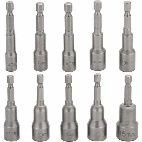 10 Pcs Embout Douille Visseuse à Choc 6-15mm Set Magnétique Hexagonale Douille Jeu de Embout Aimanté Perceuse Prise Hexagonale douille Set 1/4 Pouce pour Mandrin à Changement Rapide (1/5)