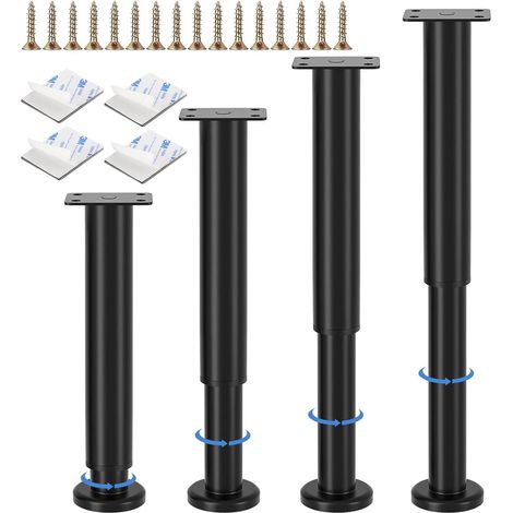 Ensemble de quatre pieds de meubles réglables, pieds de lit réglables de 25 à 42 cm, adaptés aux lits, canapés et armoires, noirs.
