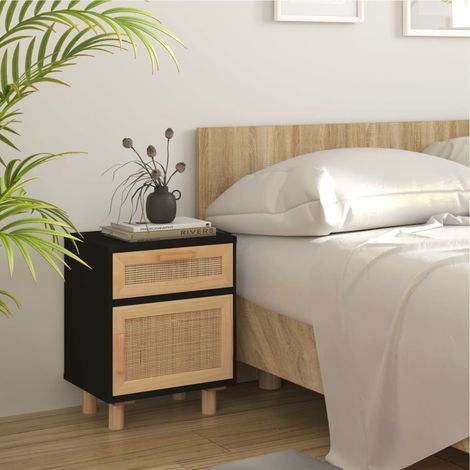 Nachttisch Schwarz Massivholz Kiefer und Natur-Rattan