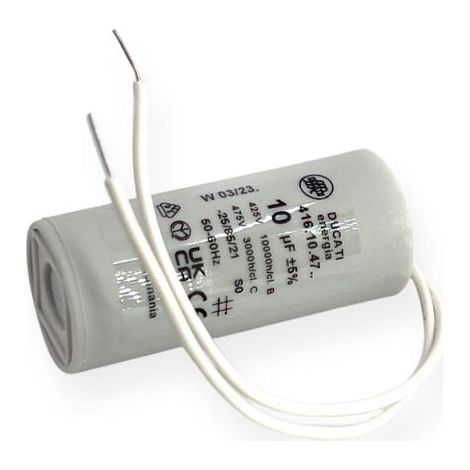 Ducati Energia – Condensateur permanent 10µF à fils – Ø30x70mm – Longueur de fils 150mm – Homologué VDE EN60252-1 – Pour moteurs monophasés 220V