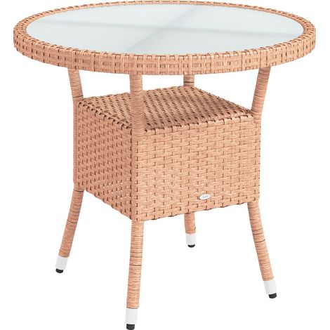 Table de jardin ronde en rotin naturel Ø 80 x 75 cm, avec étagère, plateau en verre, structure acier et pieds réglables (1/5)