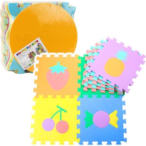 Weiche Puzzlematte, Lernspielzeug aus EVA-Schaumstoff, Früchte, Süßigkeiten, bunt, 16-teilig.