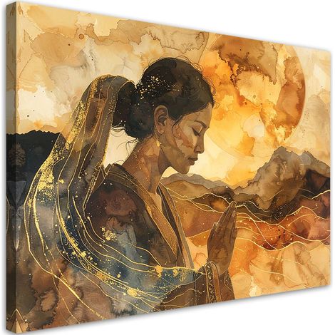 Cuadro sobre Lienzo, Silueta abstracta mística dorada de una mujer en estilo boho en acuarela, 45x30 (1/5)