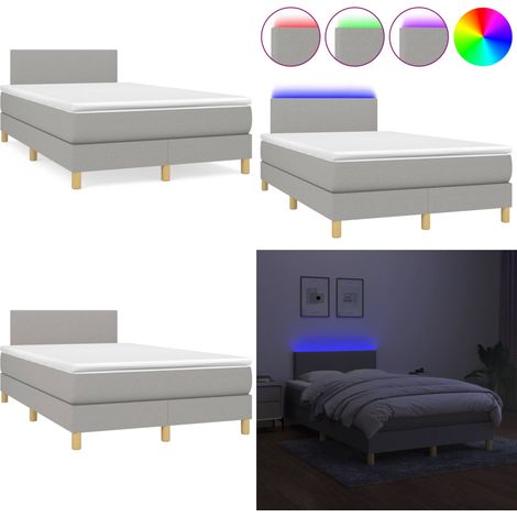 Cama box spring con colchón y LED tela gris claro 120x190 cm - Cama con cabecero ajustable - Cama con colchón ensacado