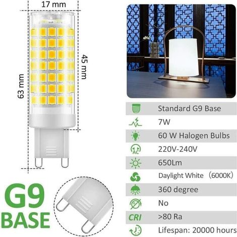 Bombilla LED G9 de 7W, 430LM, luz blanca fría de 6000K, 220-240V, no regulable, de bajo consumo, para iluminación de techo en dormitorios, salas de estar, cocinas y jardines. (1/4)