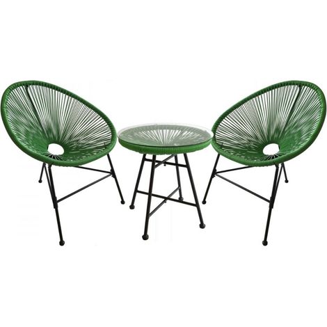 Concept-Usine – Salon de jardin 2 fauteuils ronds en polyéthylène vert – Table basse acier époxy 45x45cm – Confort extérieur rétro design