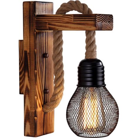 Rustikale Wandleuchte aus Holz, Vintage-Retro-Wandlampe, schwarzer Metallkäfigschirm, E27-Fassung, Wandleuchte aus Holz für den Innenbereich mit Hanfseil für Schlafzimmer und Wohnzimmer, dunkle Farbe (1/5)