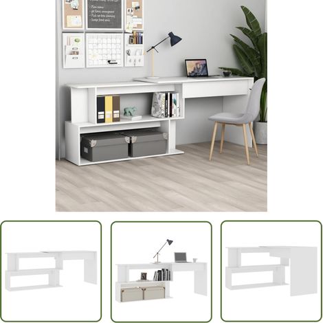 The Living Store Bureau d'angle Blanc 200x50x76 cm Bois d'ingénierie - Bureau D'angle - Bureau Blanc - Meuble De Bureau - Bureau Informatique - Bureau Compact (1/6)