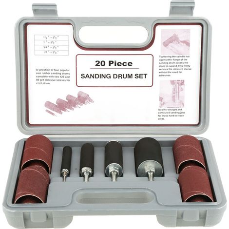 Kit de lijado de 20 piezas para taladros de columna, que incluye tambores abrasivos y un práctico estuche de almacenamiento.