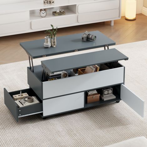 Table basse relevable 100x98x65 cm - avec rangement dissimulé et étagère - table à roulettes et tiroirs - blanc et gris (1/5)