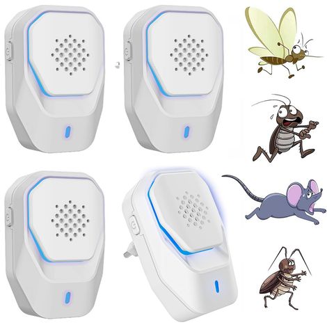 Repellente per parassiti a ultrasuoni, confezione da 4, potente repellente per zanzare a ultrasuoni, dispositivo elettrico per interni - Formiche, topi, ratti, ragni, scarafaggi, 100% innocuo