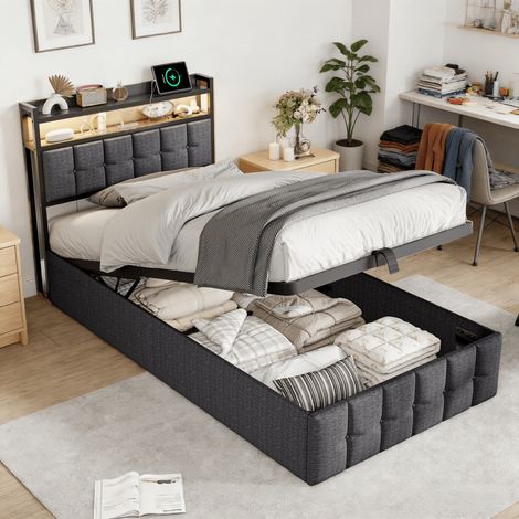 Lit coffre 90x200,lit simple rembourré avec LED et multiprise,lit enfant 90x200 avec sommier à lattes, rangement hydraulique, lin, gris, sans matelas (1/5)